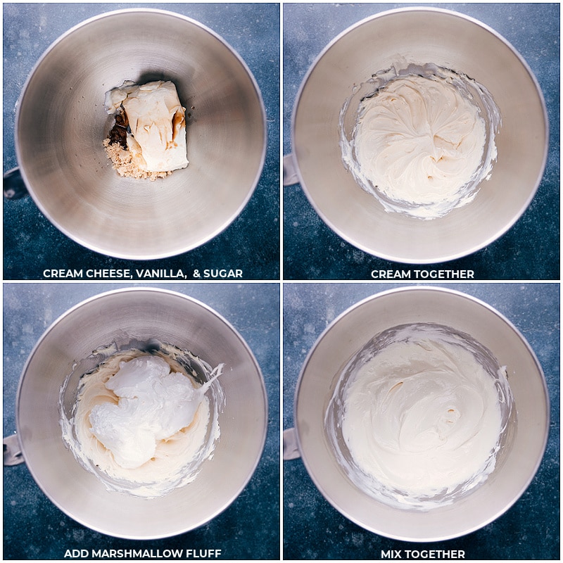 Process shots: cream the ingredients together; add in the marshamallow fluff and combine.