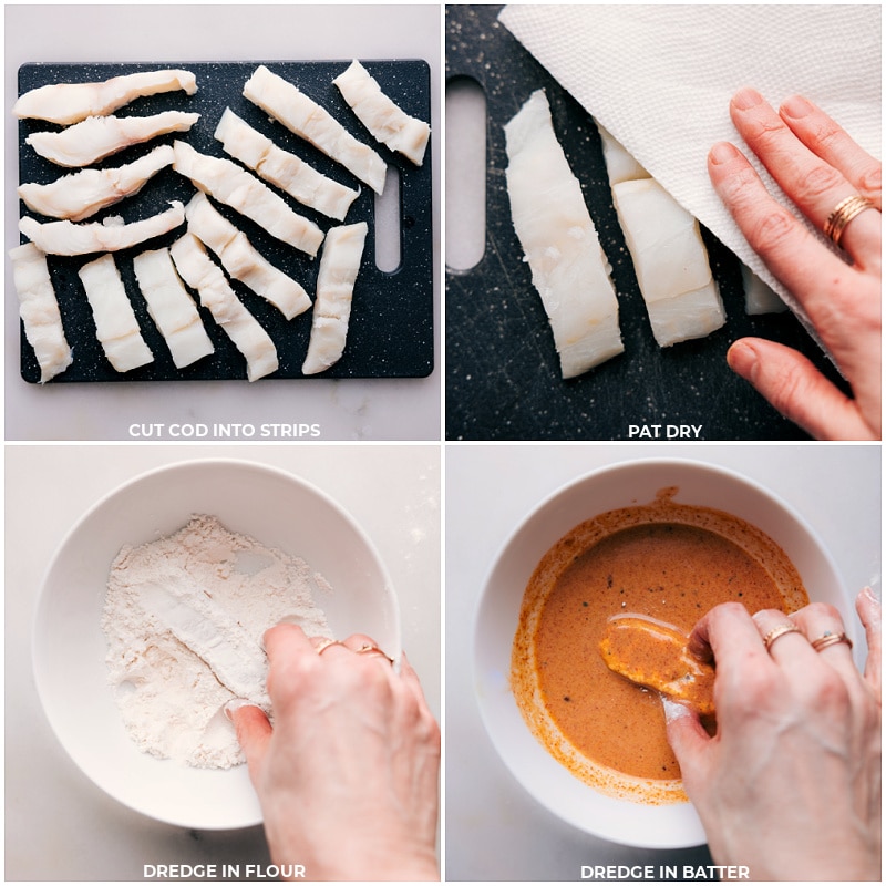 Process shots of homemade fish sticks-- images of the cod being cut into strips and then dipped in flour and then dredged in the batter