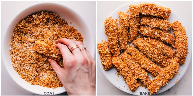 Overhead image of the cod being coated in the panko mixture