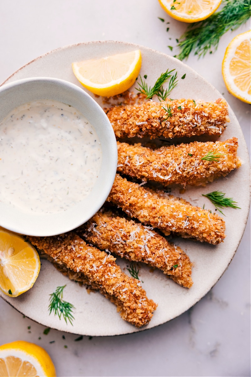 Overhead image of the homemade fish sticks on a plate ready to be enjoyed