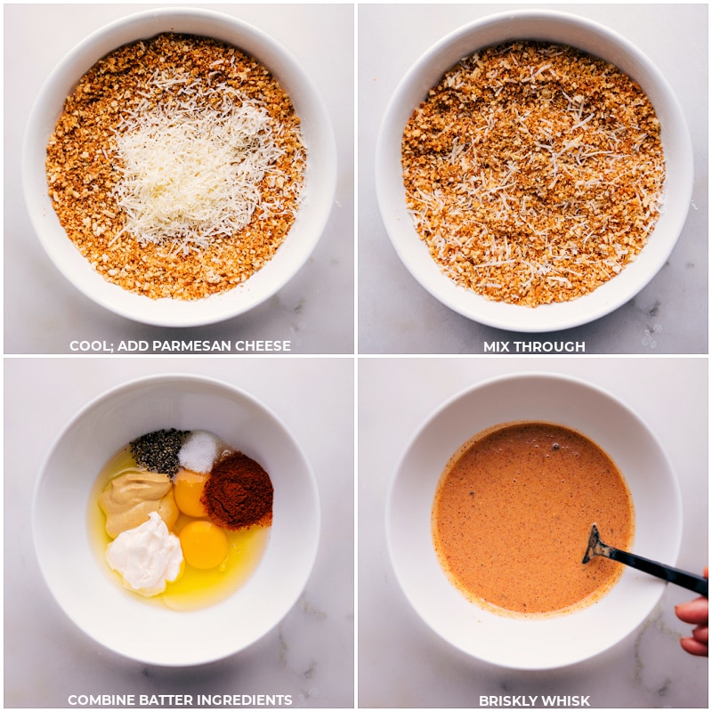 Process shots-- images of parmesan cheese being added to the panko mix and the batter being mixed together