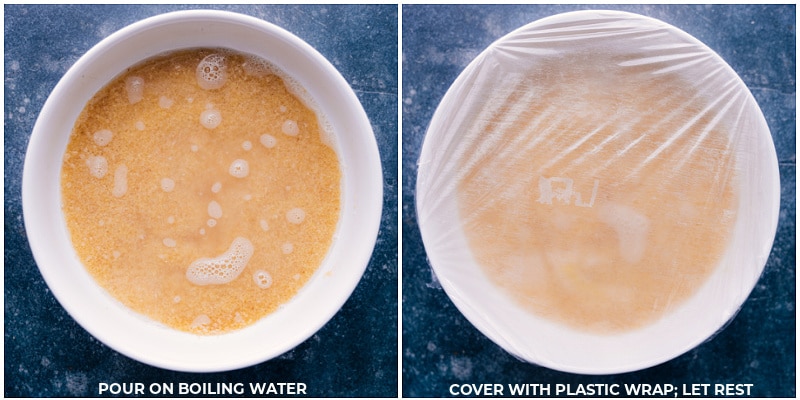 Process shots-- images of the boiling water being added and the dish being covered with plastic wrap to let rest