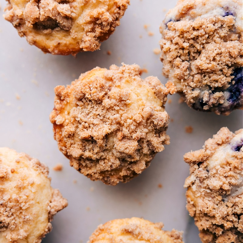 Overhead image of muffins with streusel on top ready to be enjoyed