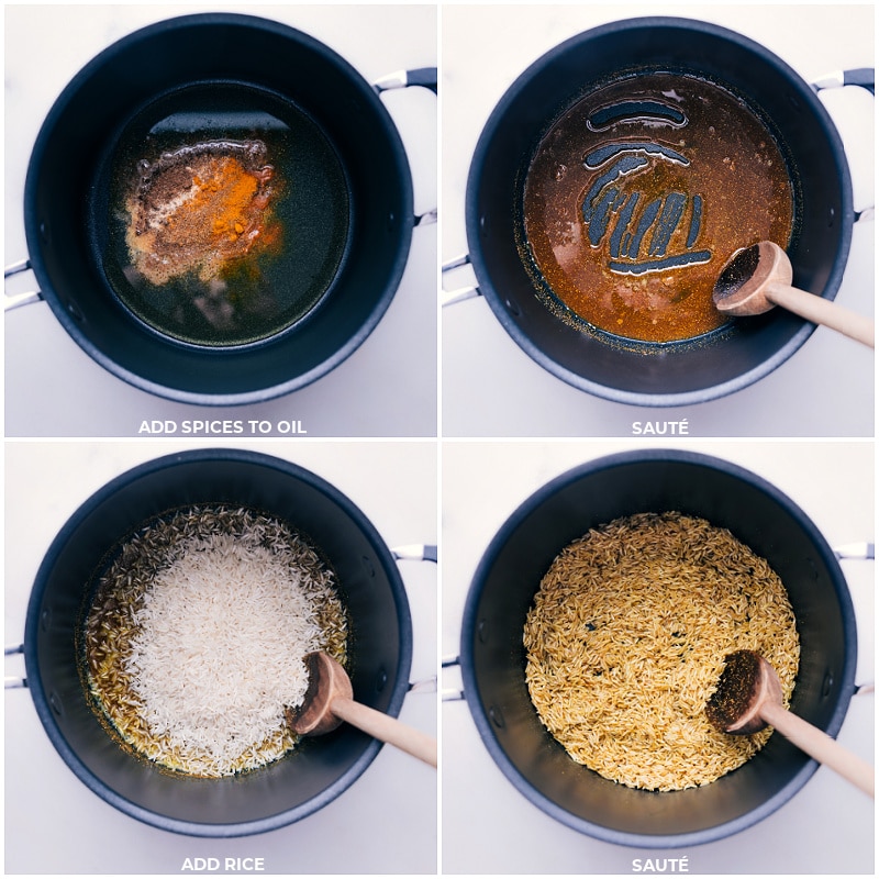 Process shots of Mujadara-- images of the spices and rice being sautéed