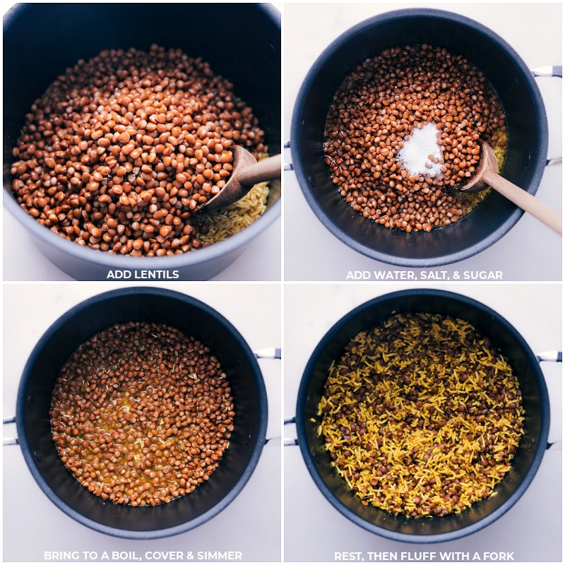 Process shots-- images of the lentils, water, salt, and sugar being added to the pot