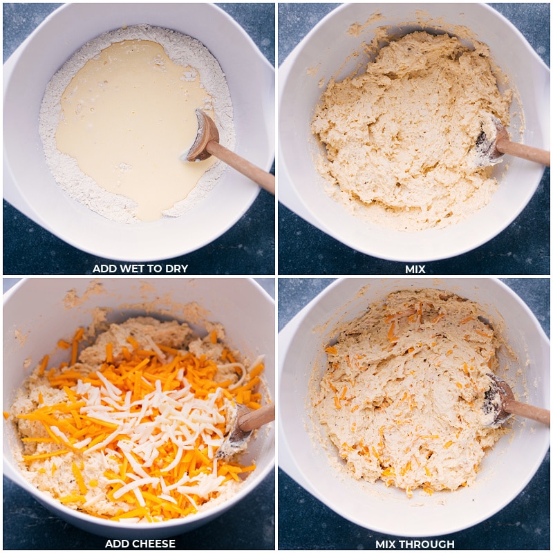 Process shots of Pan Pizza-- images of the dough being mixed together and cheese being mixed in as well