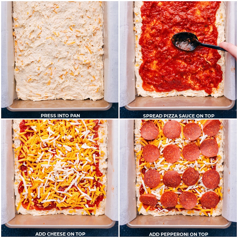 Process shots-- images of the dough being pressed into the pan and then the pizza sauce, cheese, and pepperonis being layered on top