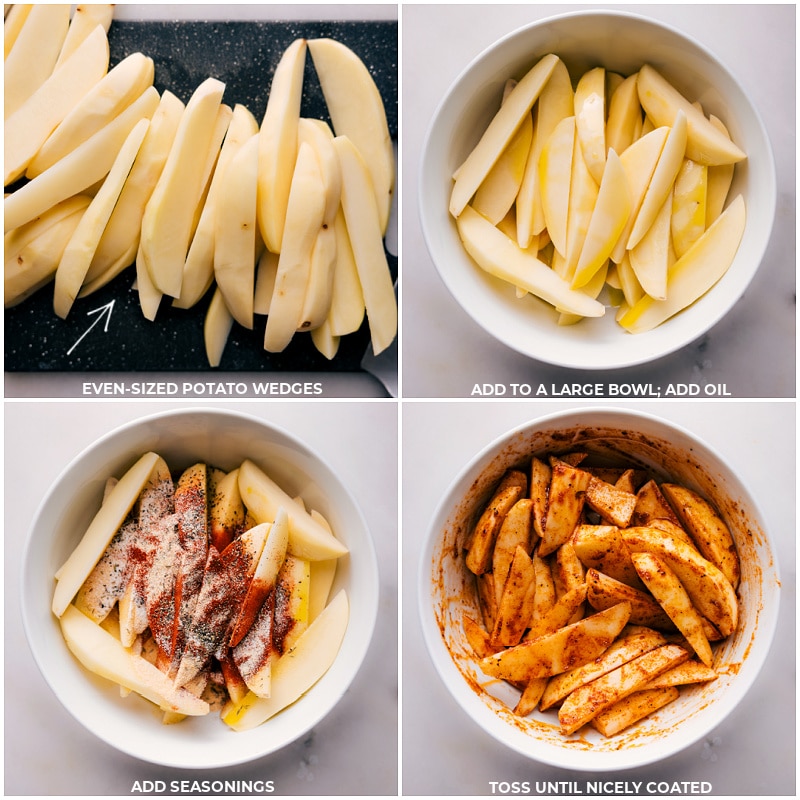 Process shots-- images of the potatoes being cut in wedges and the seasonings being added and it all being tossed together