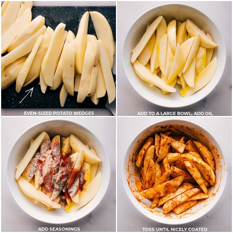 Process shots of Potato Wedges-- images of wedges being seasoned