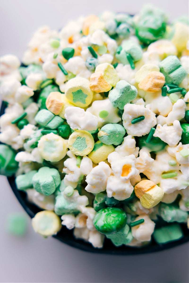 Up-close overhead image of the St. Patrick's Day Popcorn, ready to be enjoyed