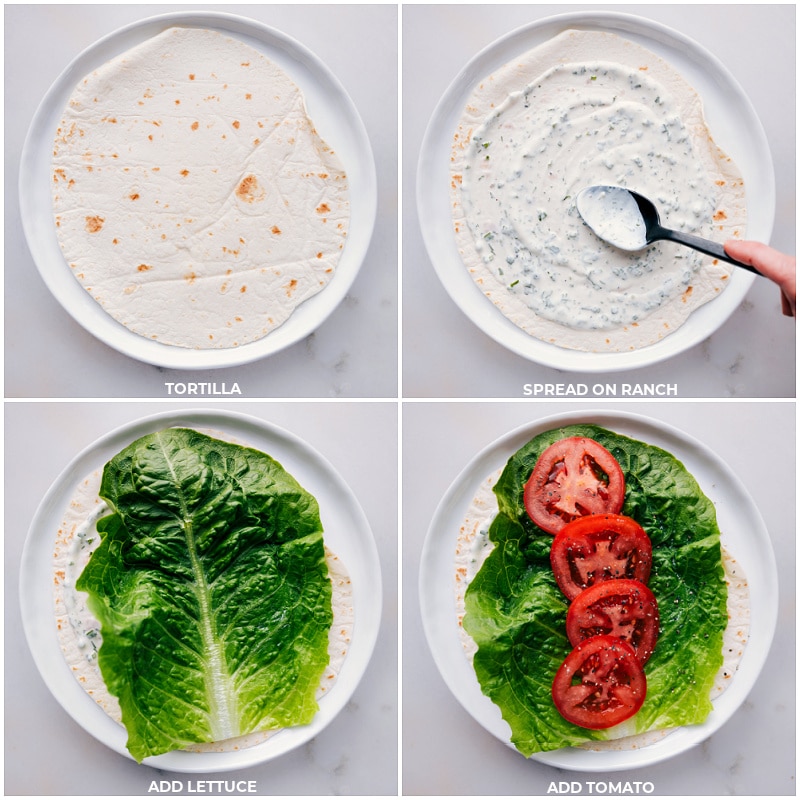Process shots of Turkey Wraps-- images of the ranch, lettuce, and tomatoes being layered onto the wraps