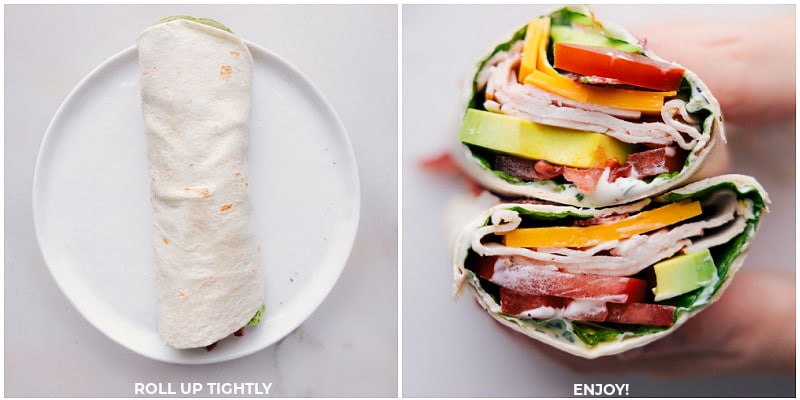 Process shots of Turkey Wraps-- images of the wrap being rolled up and cut in half