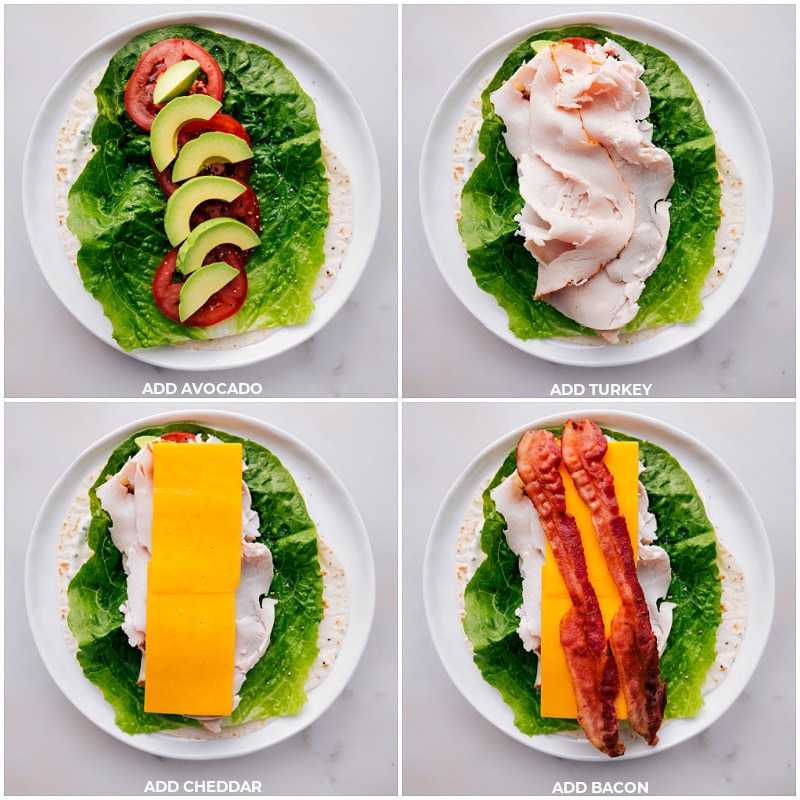 Process shots-- images of the avocado, turkey, Cheddar, and bacon being layered on