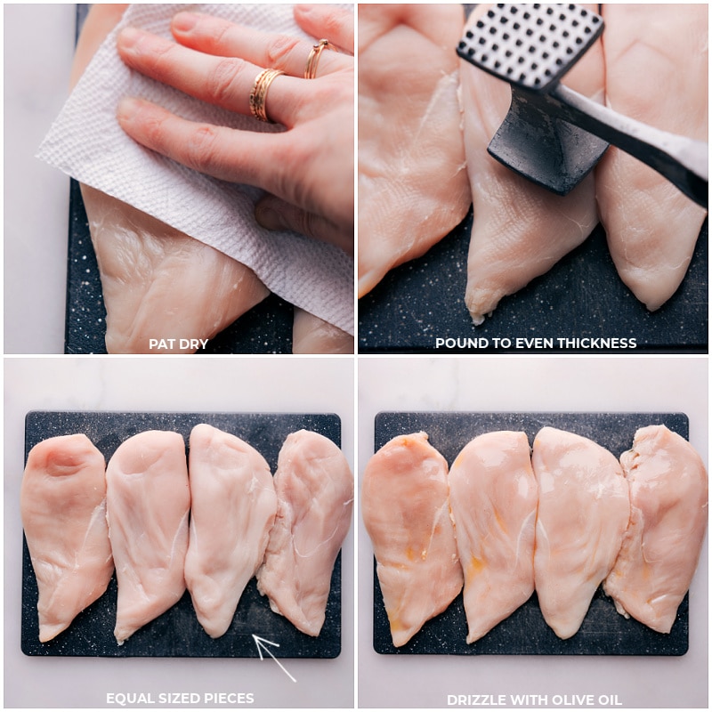 Process shots-- images of the chicken being pat dry and pound to even thickness