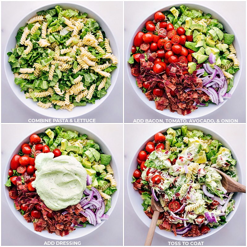 Process shots-- images of the pasta, lettuce, bacon, tomato, avocado, onion, and dressing being added to a bowl and mixed together
