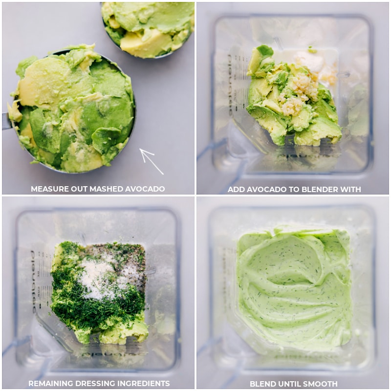 Process shots of BLT Pasta Salad-- images of the avocado being added to the blender with all the other ingredients