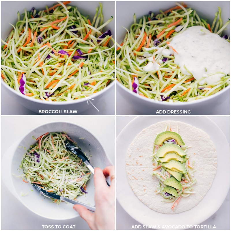 Process shots of buffalo chicken wraps-- images of the broccoli slaw and dressing being combined and then it being layered into a a tortilla
