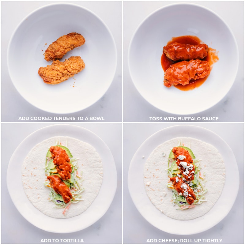 Chicken being covered in buffalo sauce and it being layered in the tortilla for this buffalo chicken wraps.