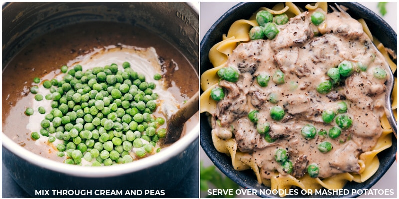 Process shots: mix in the cream and peas; serve over egg noodles or mashed potatoes.