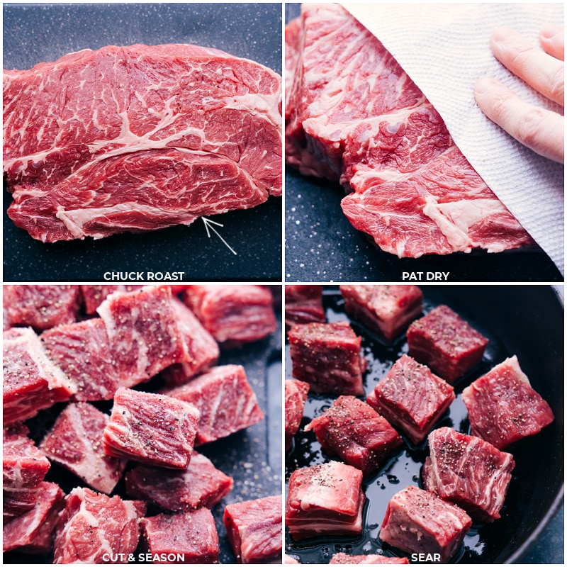 Process shots: Use paper towels to dry the chuck roast; cut and season; sear in a hot pan.