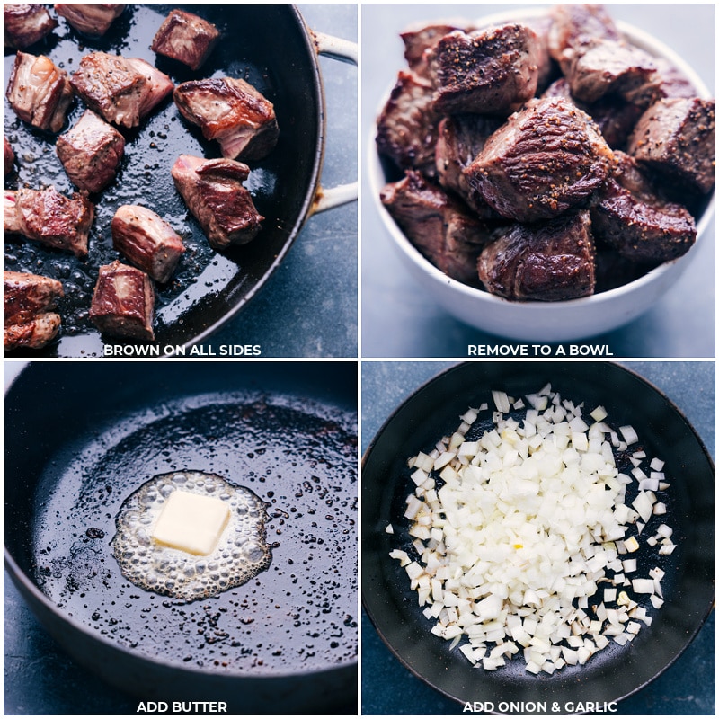 Process shots of beef and noodles recipe: brown chuck on all sides and remove to a bowl; add butter to the pan and cook onion and garlic.