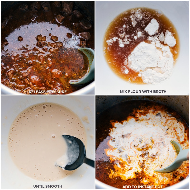 Process shots of beef and noodles recipe: release pressure if using Instant Pot; mix flour with broth until smooth and add to the pan.