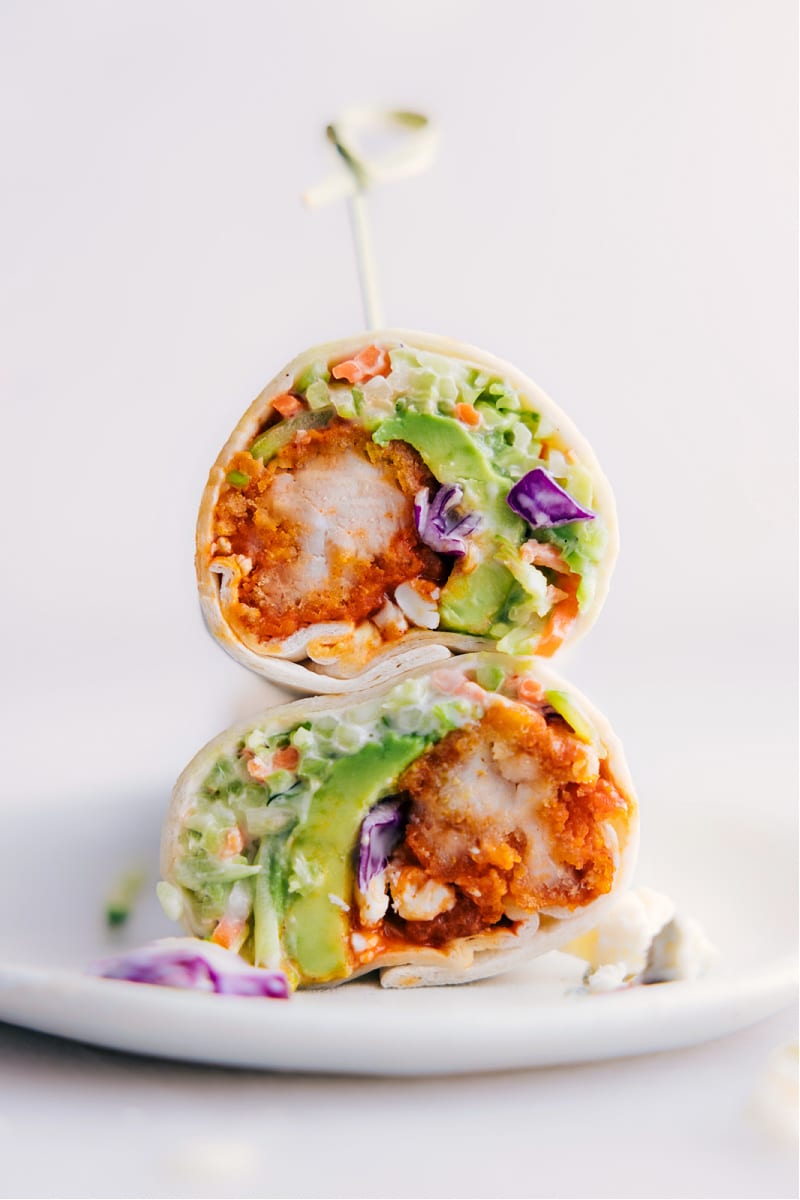 Image of the buffalo chicken wraps stacked on top of eachother