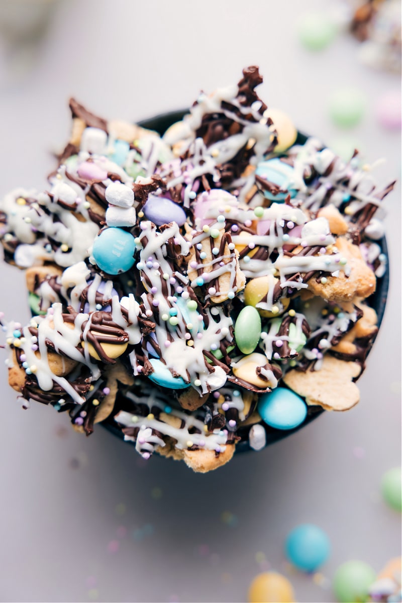 Overhead image of the Easter Snack Mix in a bowl