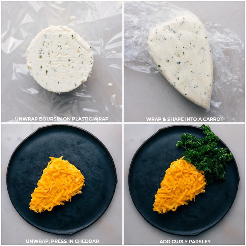 Process shots of the Carrot Cheesball-- images of the Boursin being shaped into a carrot and then it being rolled in cheddar and curly parsley placed on top