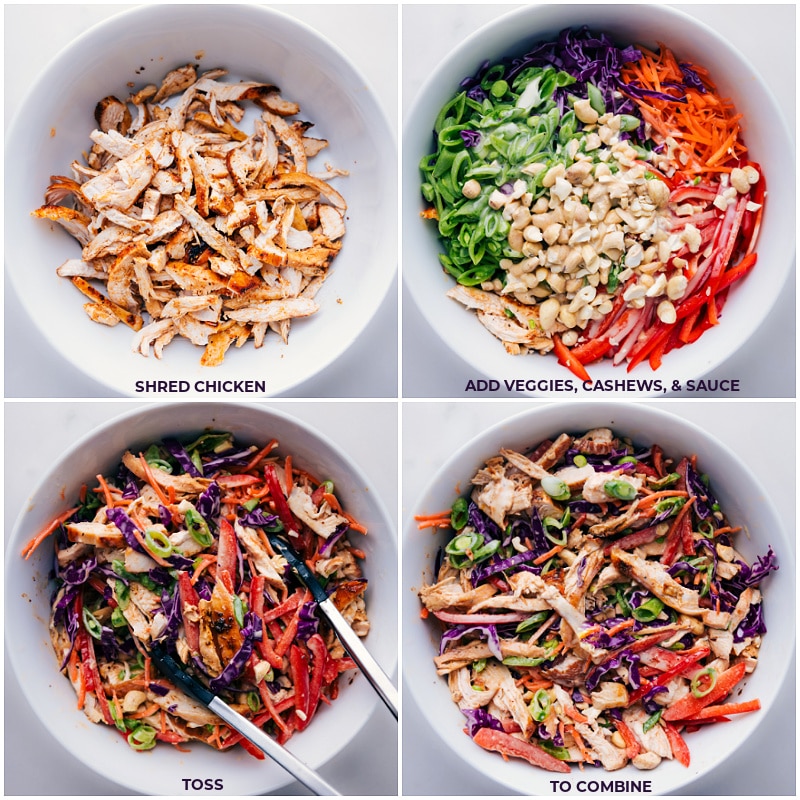 Process shots-- images of the chicken shredded and all the veggies, cashews, and sauce being added to the bowl