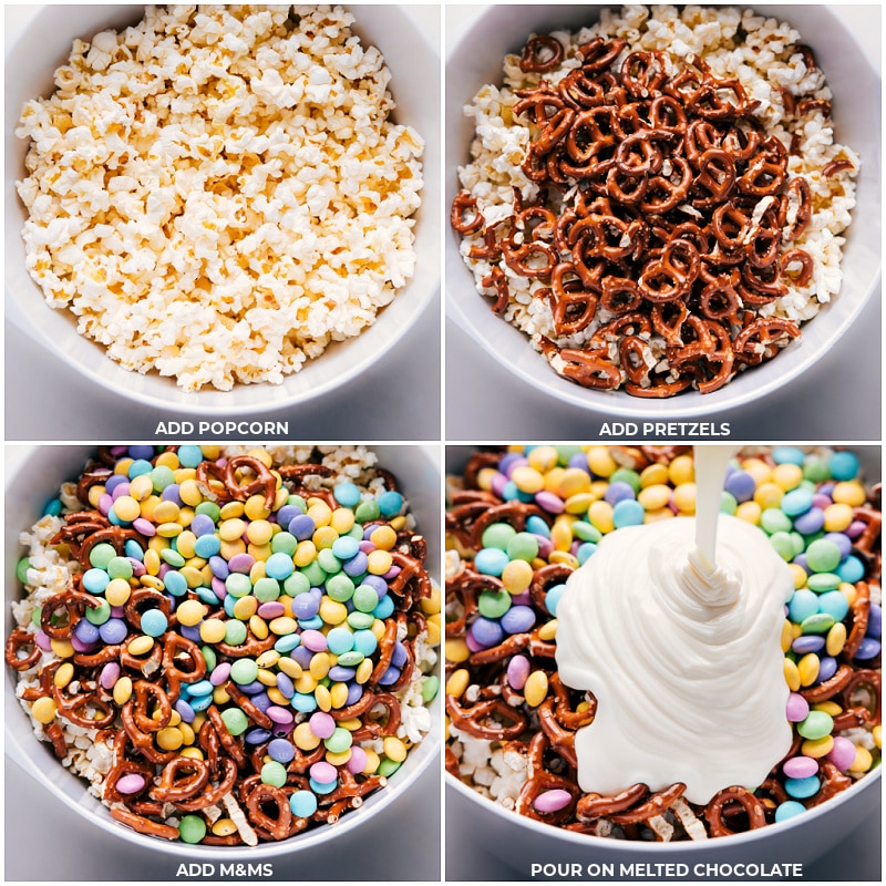 Process shots-- images of the popcorn, pretzels, M&M's, and melted chocolate being added to a bowl