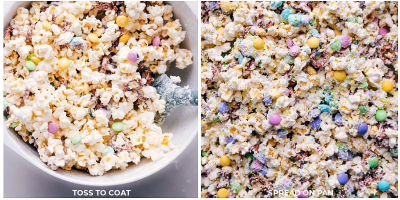 Process shots of Easter Popcorn-- images of it all being tossed together and then spread on a sheet pan