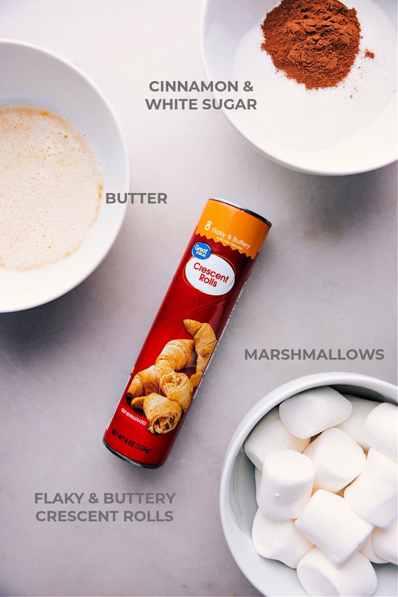 All the ingredients for this recipe—cinnamon, white sugar, butter, and marshmallows—prepped and ready for easy assembly.