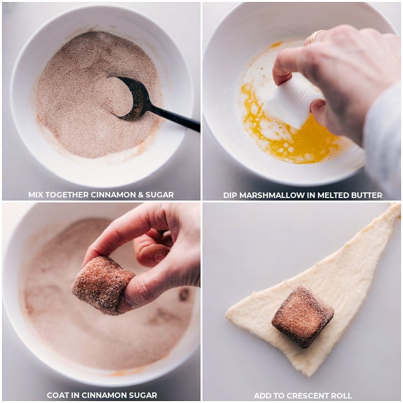 Cinnamon sugar mixture being made and the marshmallows being dipped in cinnamon sugar and it all being rolled in a crescent roll for these empty tomb rolls.
