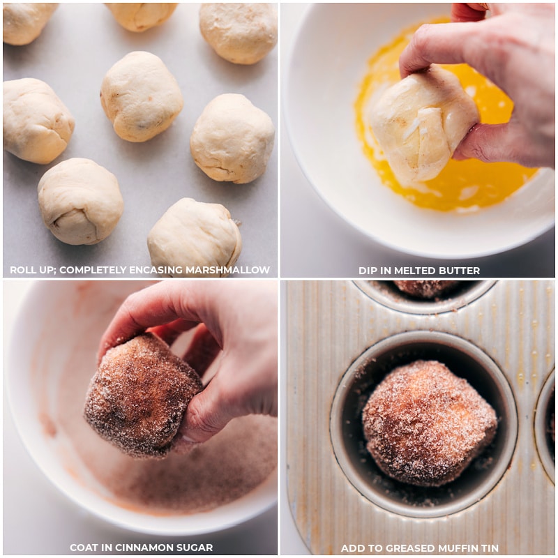 Process shots-- images of the dough balls being dipped in butter and coated in cinnamon sugar and then being added to a greased muffin tin