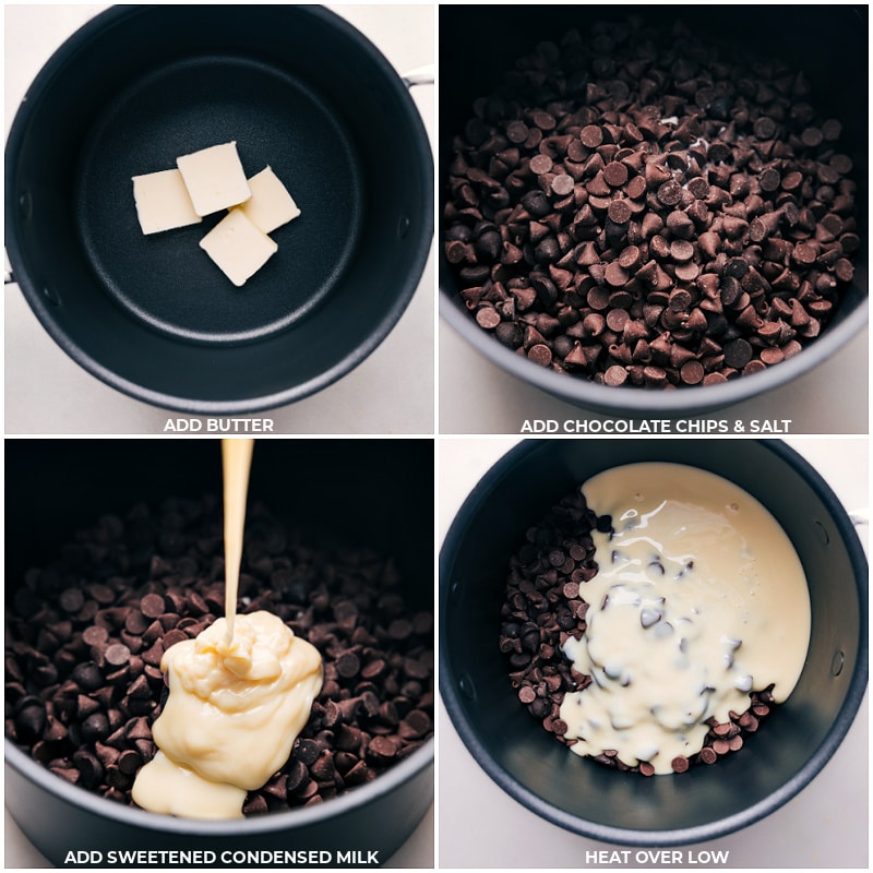 Process shots of Easter Chocolate Creme Egg Fudge-- images of the butter, chocolate chips, salt, and sweetened condensed milk being added to a pot