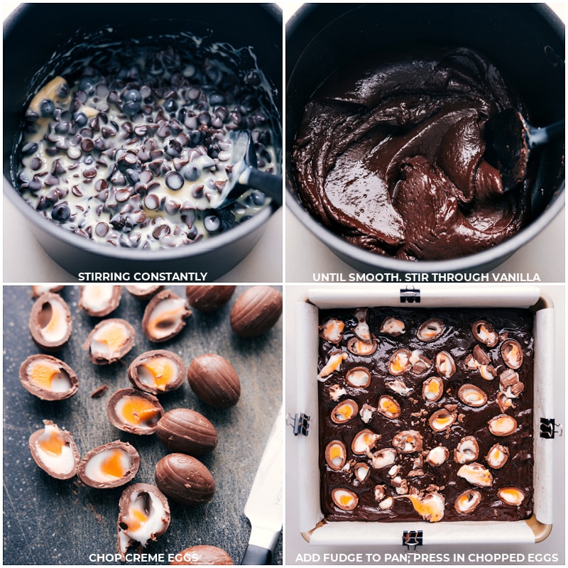 Process shots-- images of the chocolate being mixed through and then the creme eggs being cut up and added to the fudge