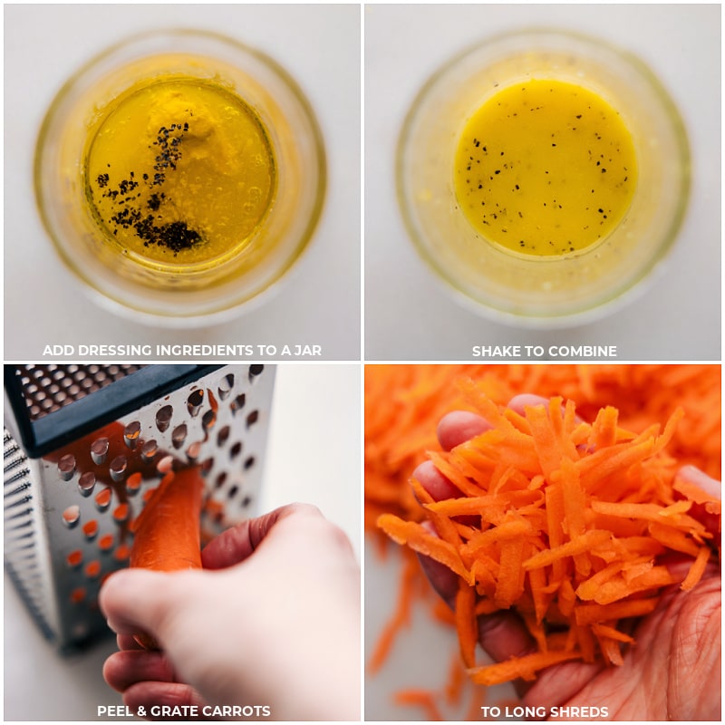 Process shots of French Carrot Salad-- images of the dressing being mixed together and the carrots being peeled