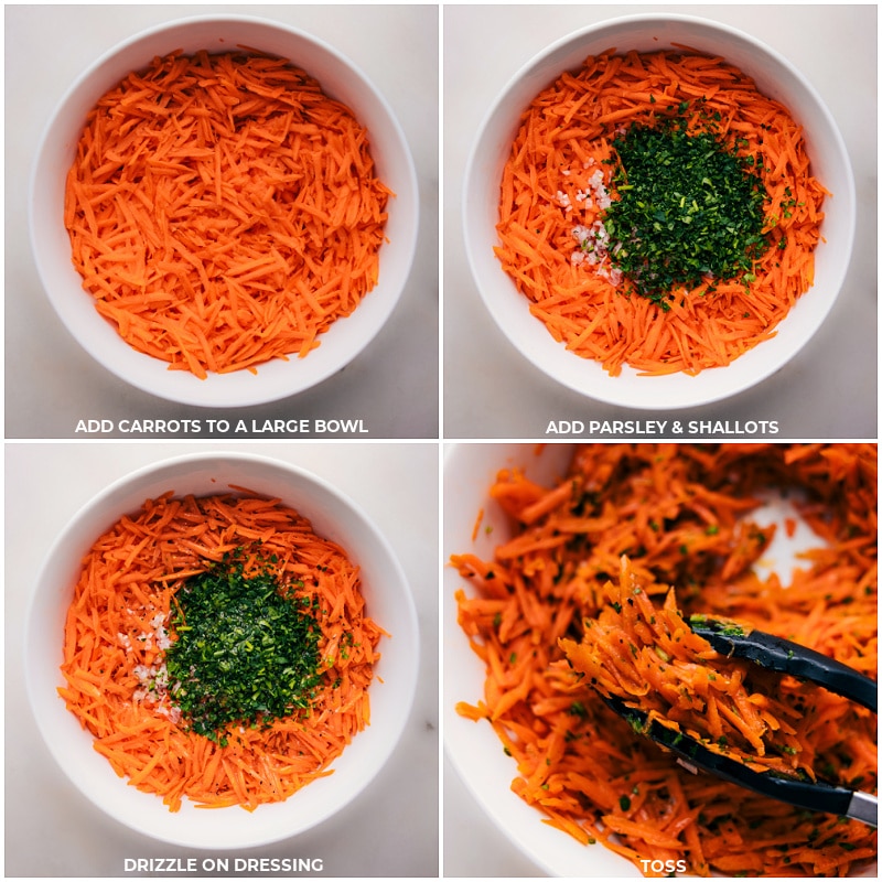Process shots-- images of the carrots being added to a bowl with parsley, shallots, and the dressing being drizzled on top