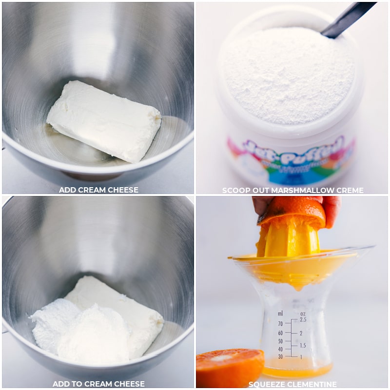 Process shots of Fruit Rainbow Tray-- images of the cream cheese, marshmallow cream, and clementine all being added to a bowl