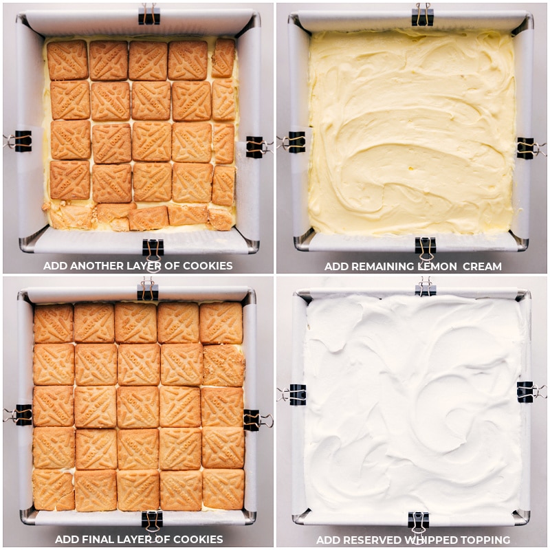 Process shots of Lemon Icebox Cake-- images of the remaining layers being added in with a whipped topping being added on top