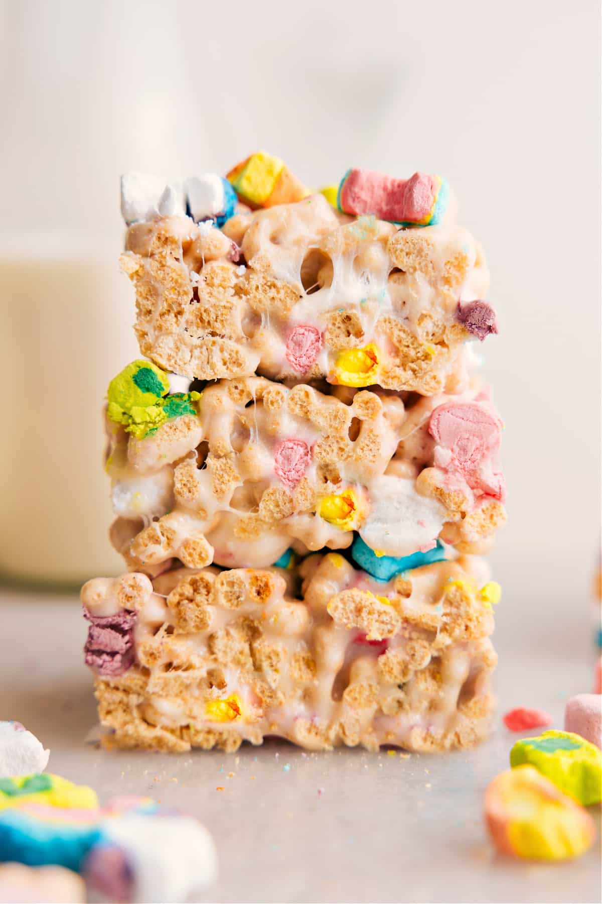 The Best Lucky Charms Bars Lucky Charms Bars stacked and ready to enjoy.