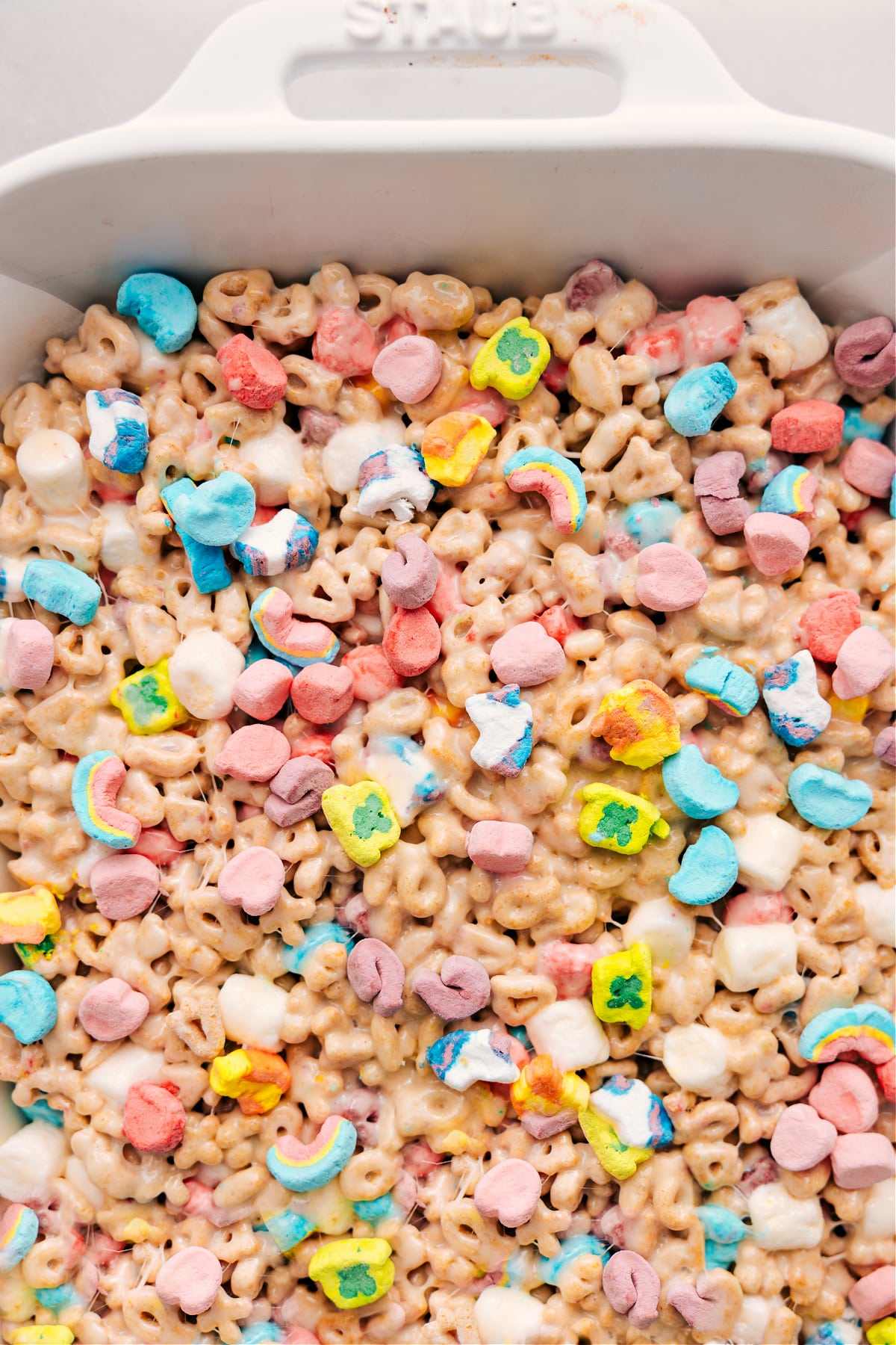Lucky Charms Bars in a pan, ready to cut, serve, and enjoy.