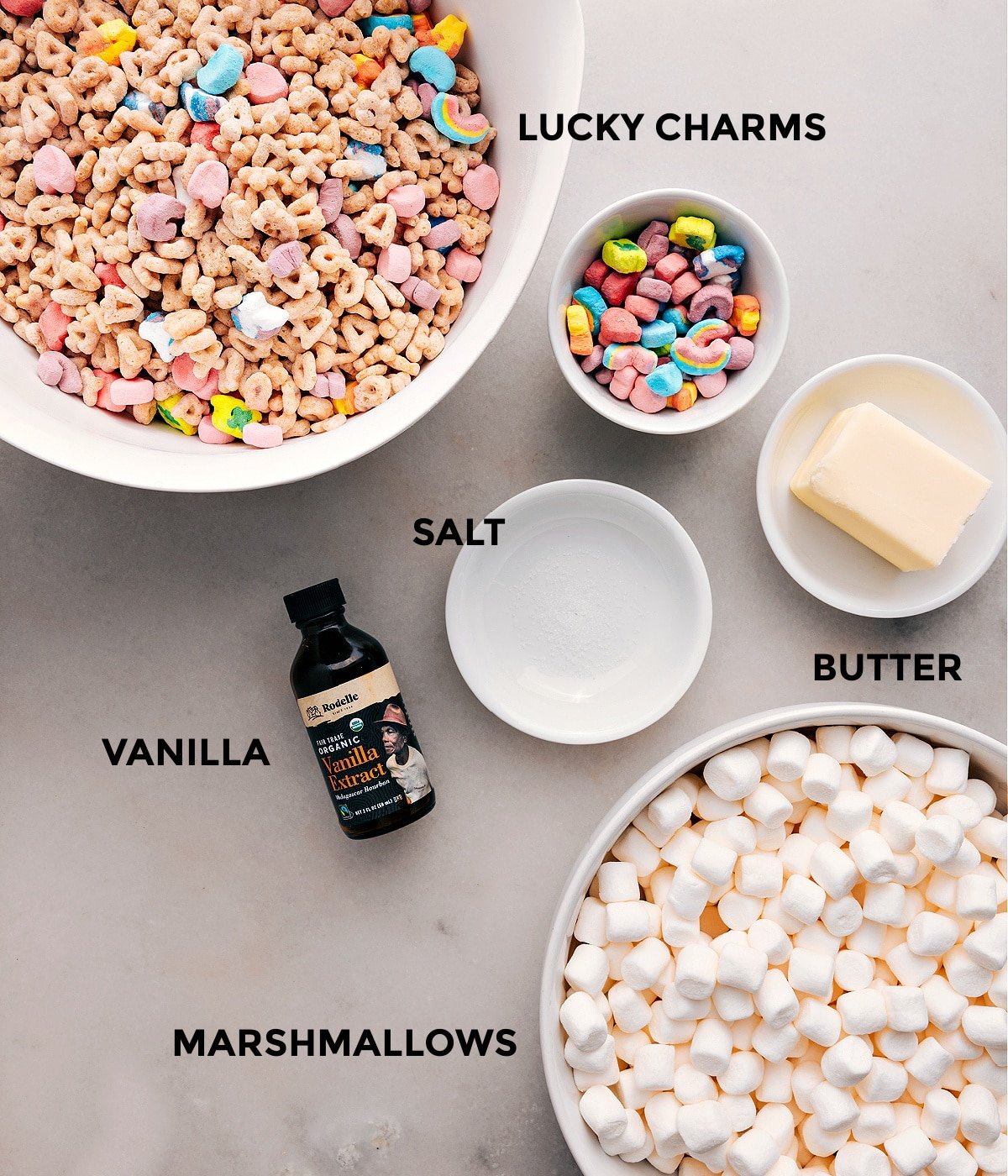 All the ingredients prepped for easy assembly: cereal, butter, salt, vanilla, and marshmallows.