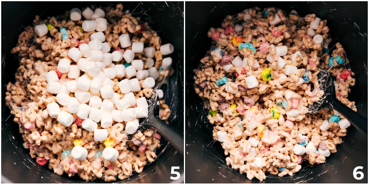 The mixture stirred together with extra marshmallows added.