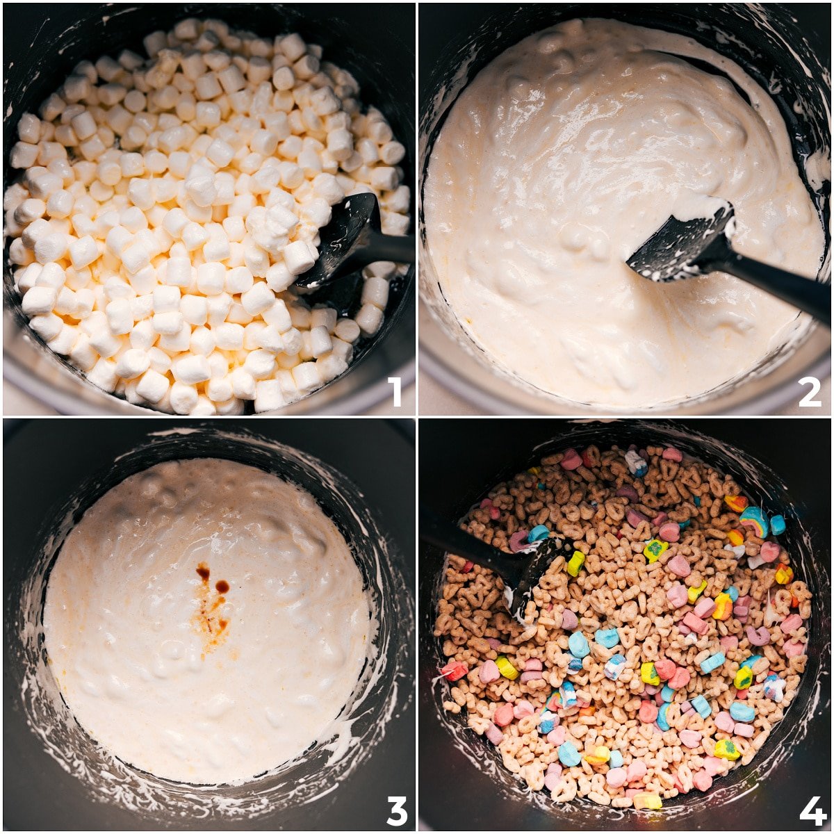 Marshmallows melting down with vanilla and Lucky Charms added for these bars.