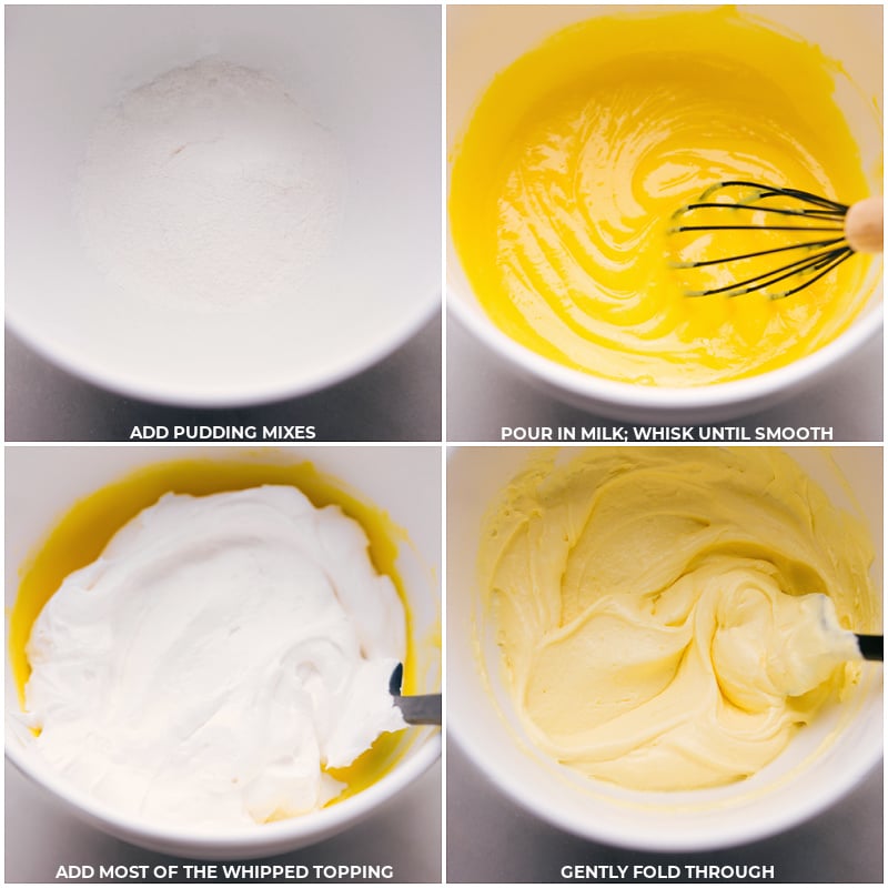 Process shots of Lemon Icebox Cake-- process shots of the pudding mixes and milk being combined and then whipped topping being mixed into it 