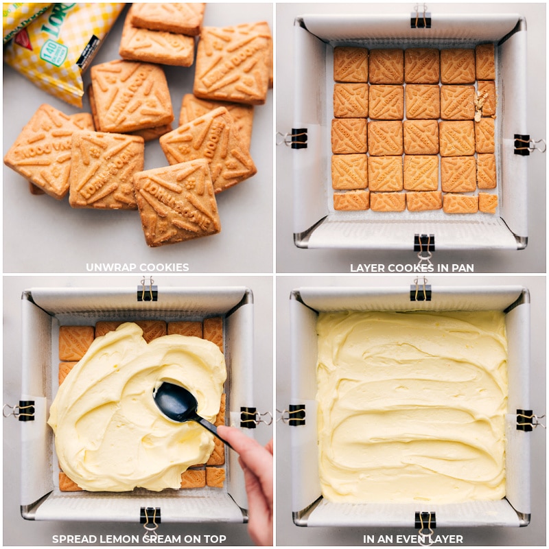 Process shots-- images of the cookies being unwrapped and layered in the pan and then the lemon spread being spread in