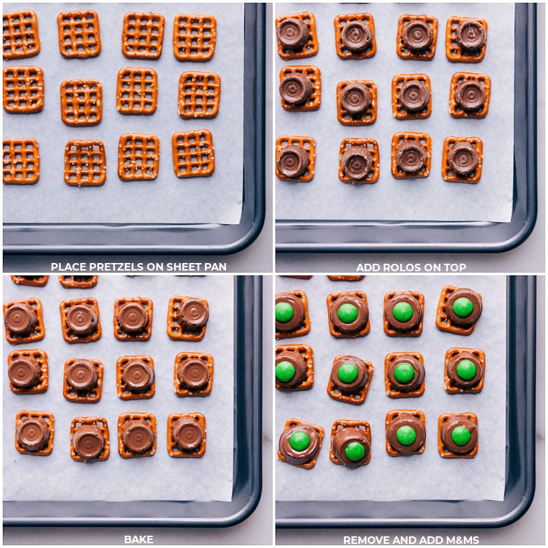 Process shots-- images of the pretzels, Rolos, and M&M's being put on a tray