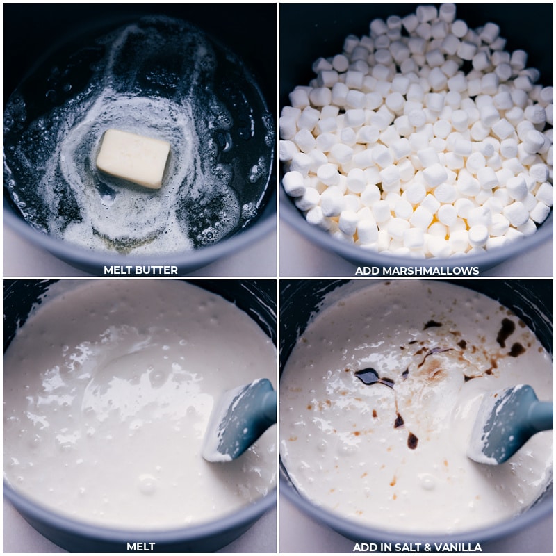 Process shot of Lucky Charms Bars-- images of the butter and marshmallows being melted and then salt and vanilla being added